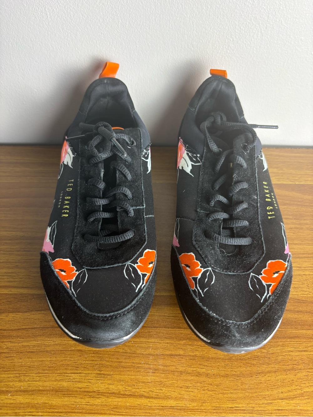 Ted Baker Black Raffina Sneakers with Orange & Pink Floral Accents Size 7.5